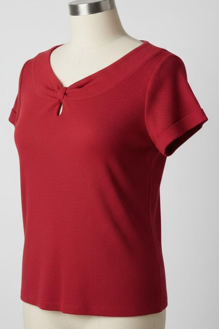 Rafaella Women 2x Red Boat Neck Knot Detail Short Sleeve Lightweight T-shirt